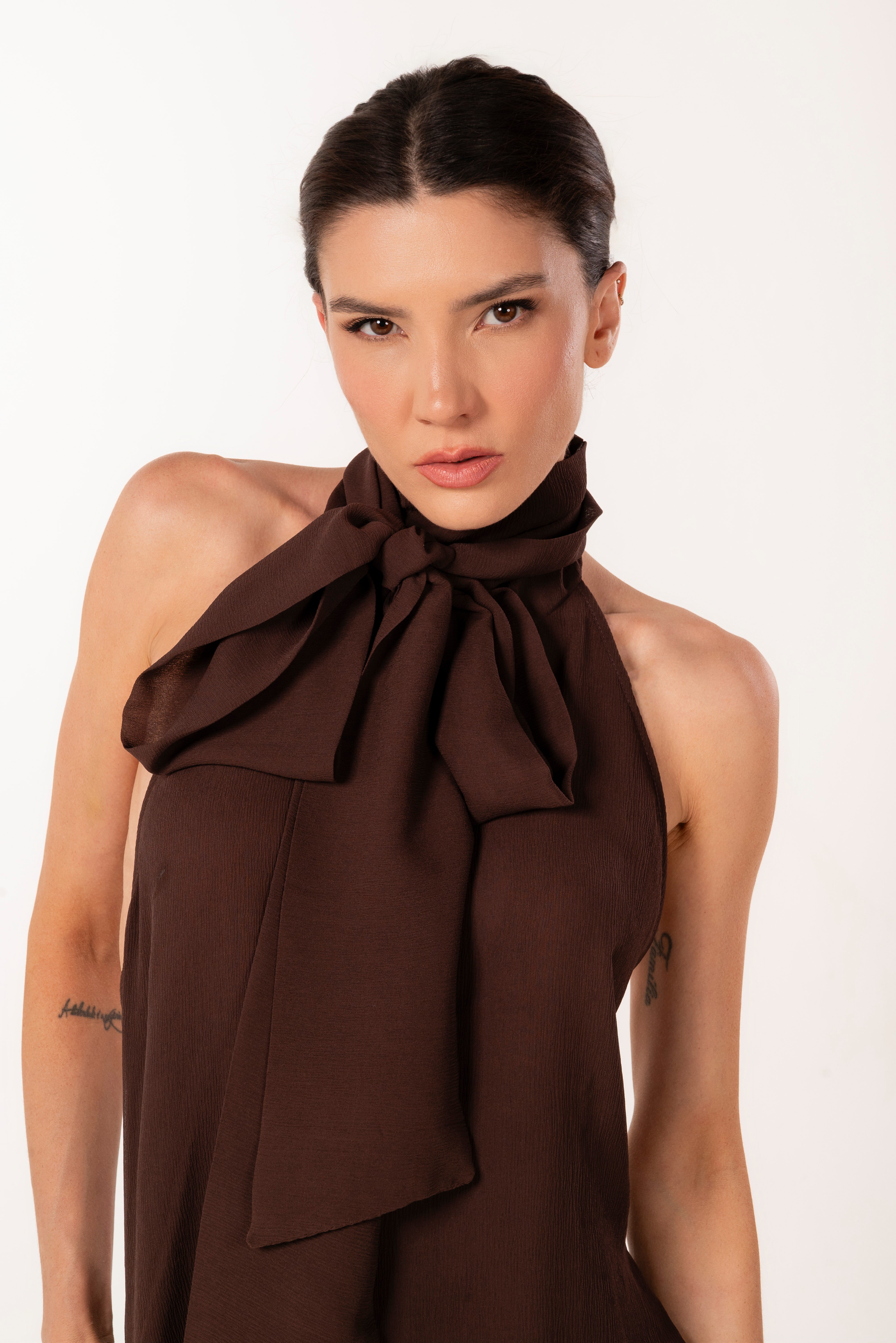 MIA BROWN SILK HALTER TOP