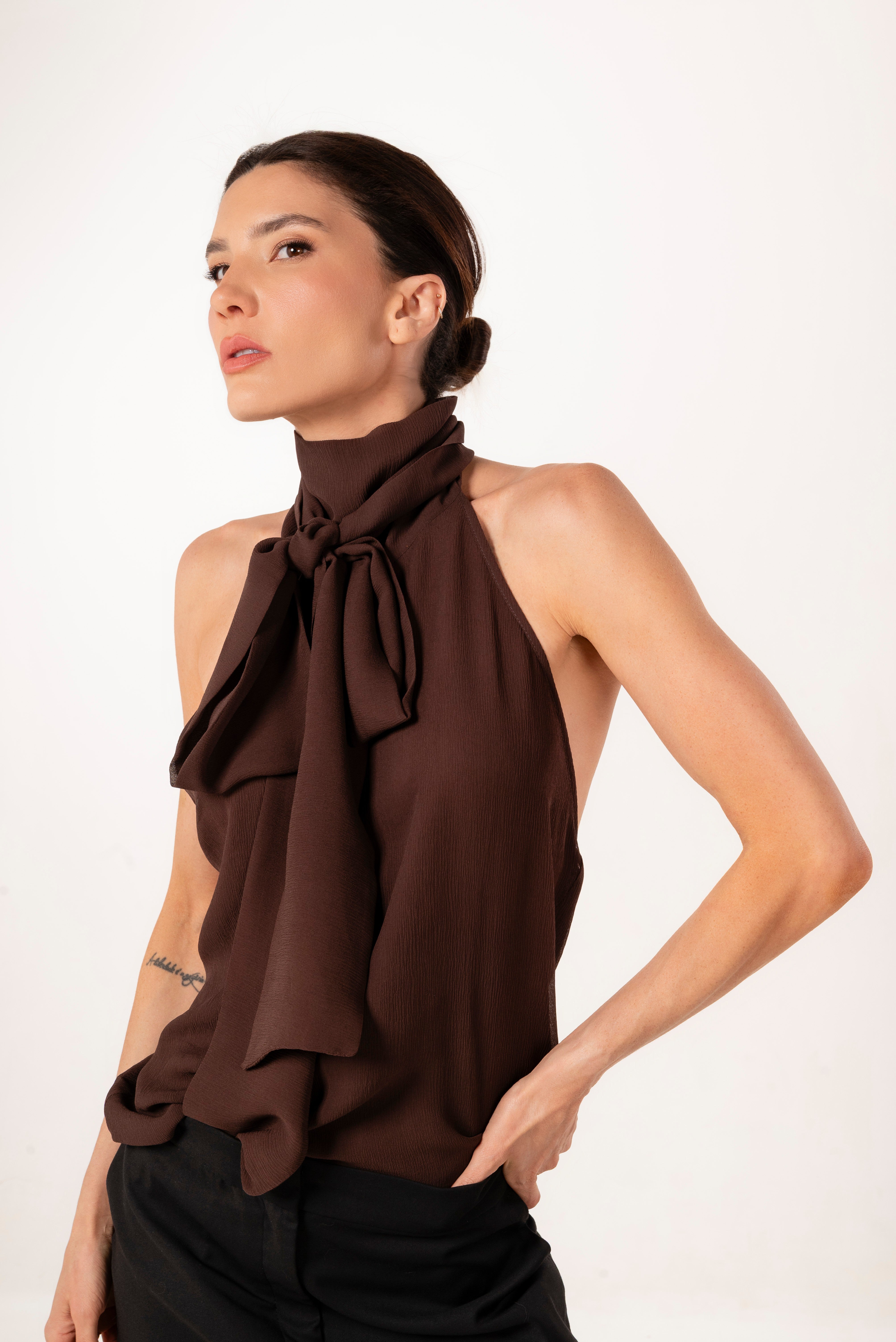 MIA BROWN SILK HALTER TOP