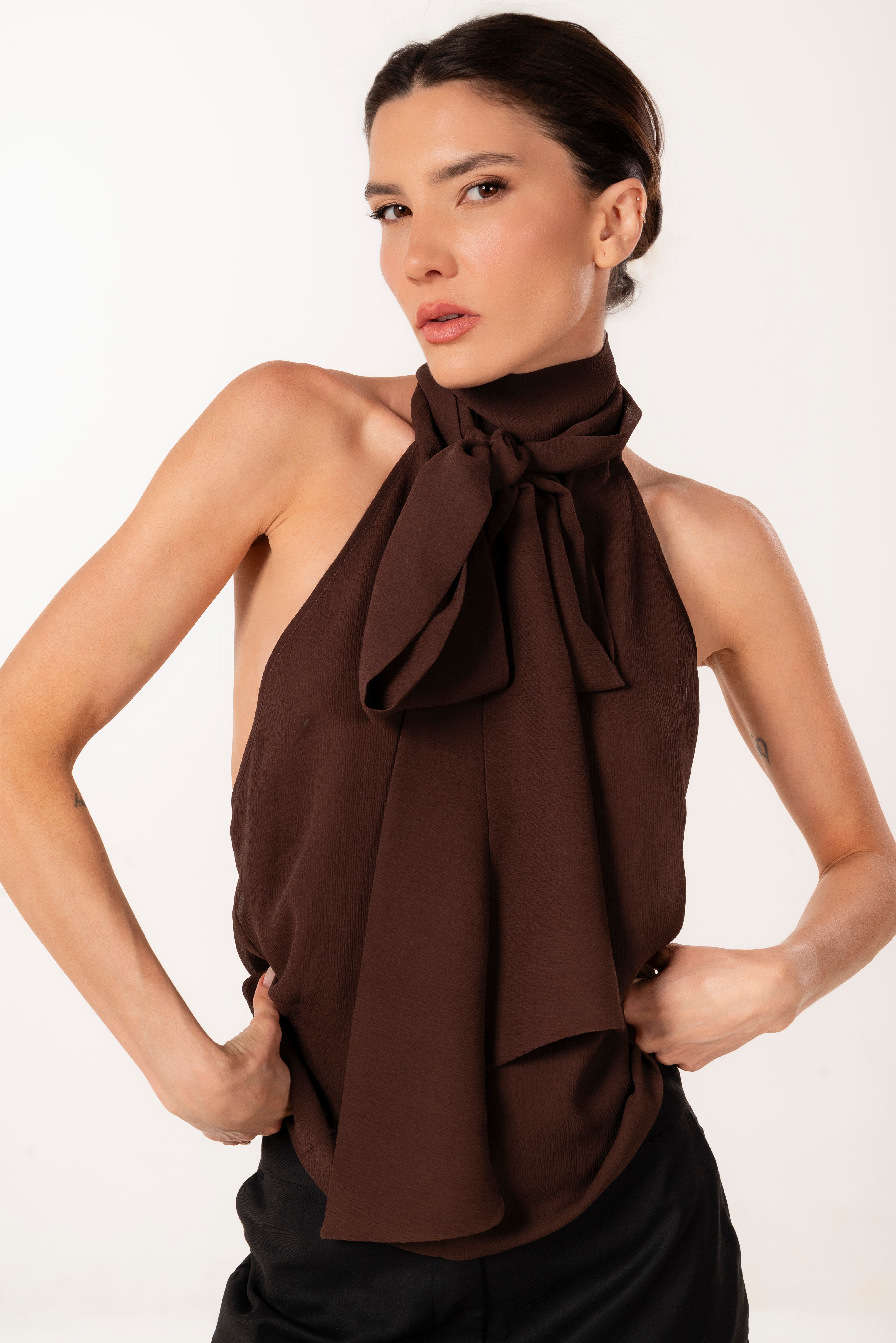 MIA BROWN SILK HALTER TOP