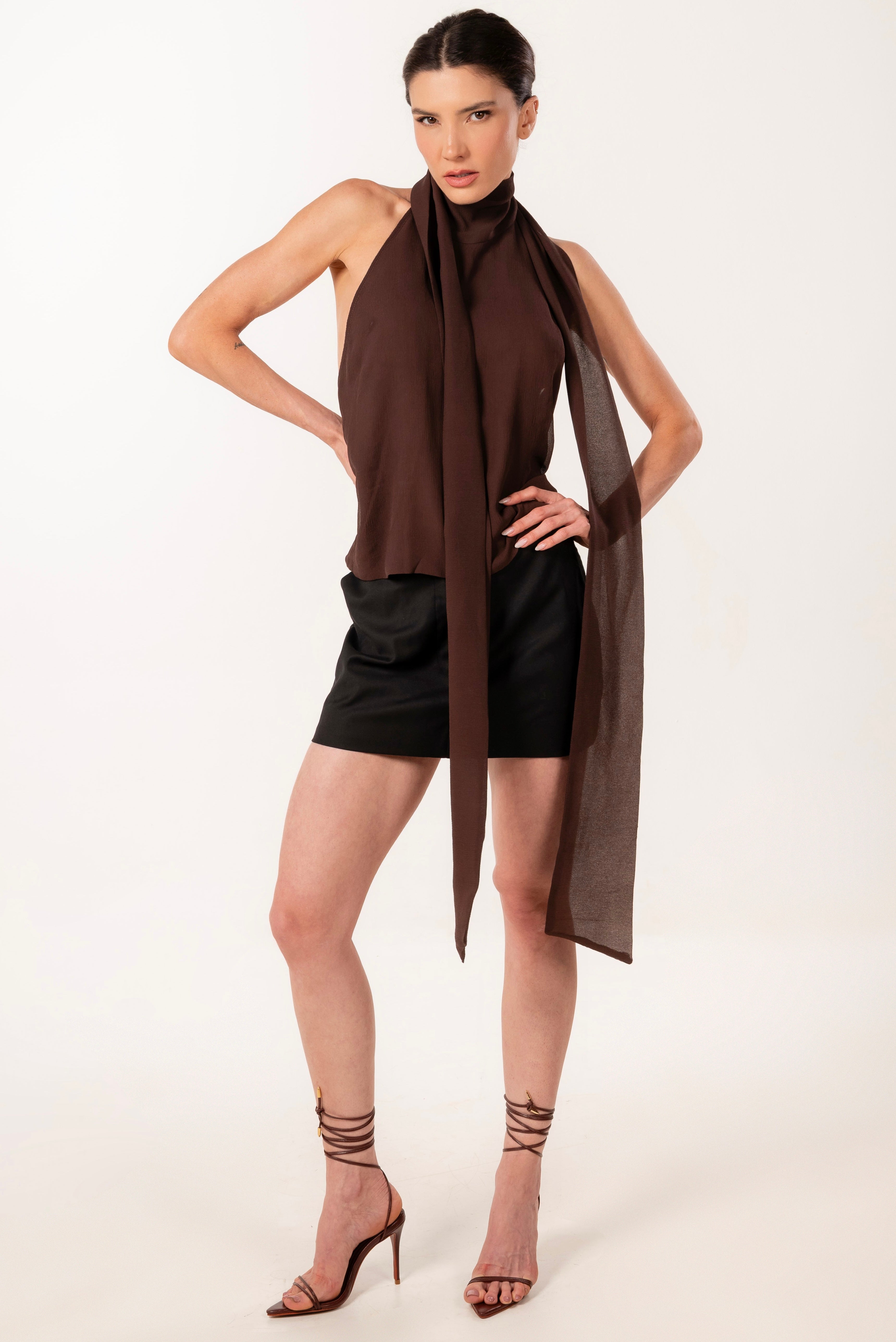 MIA BROWN SILK HALTER TOP