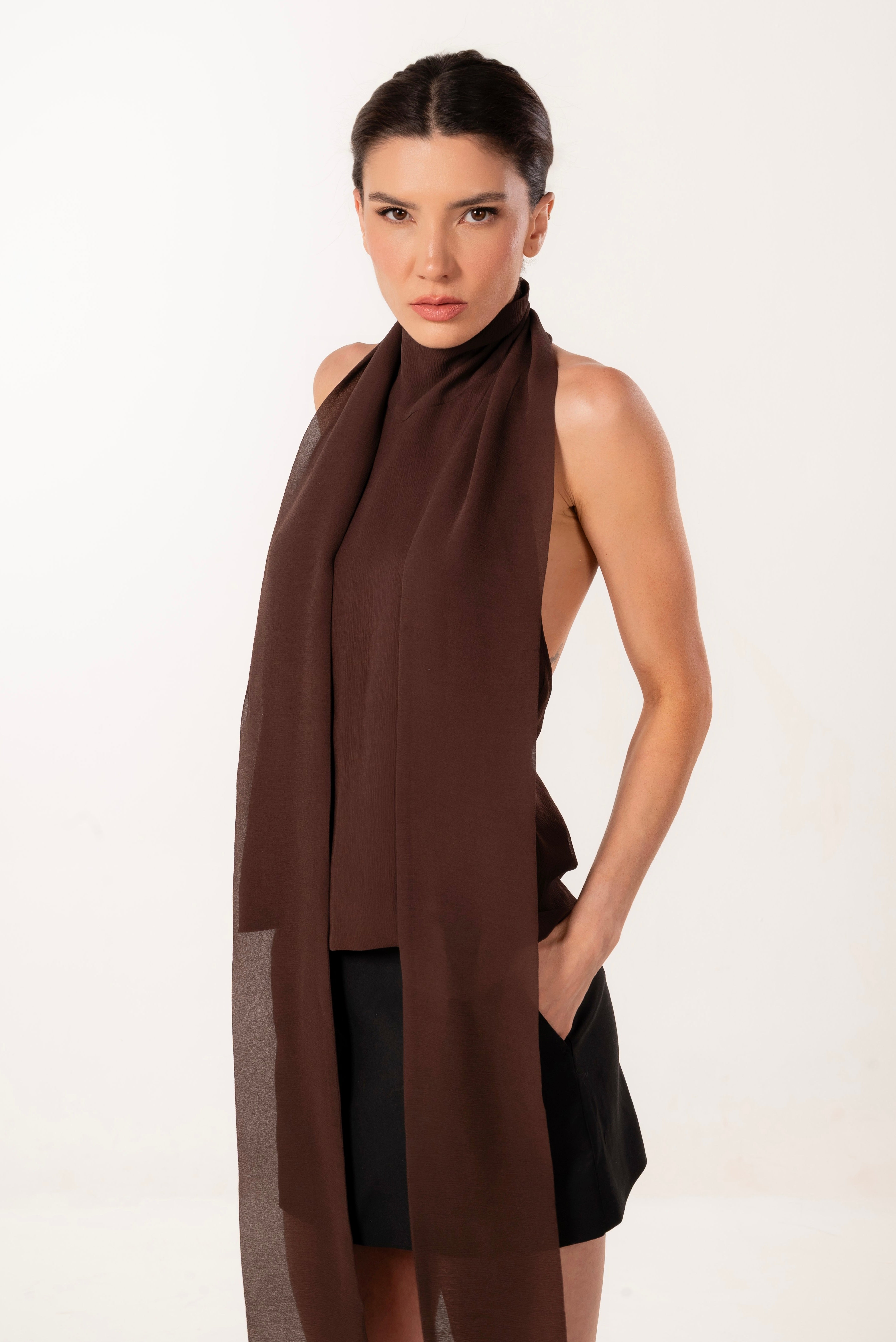 MIA BROWN SILK HALTER TOP